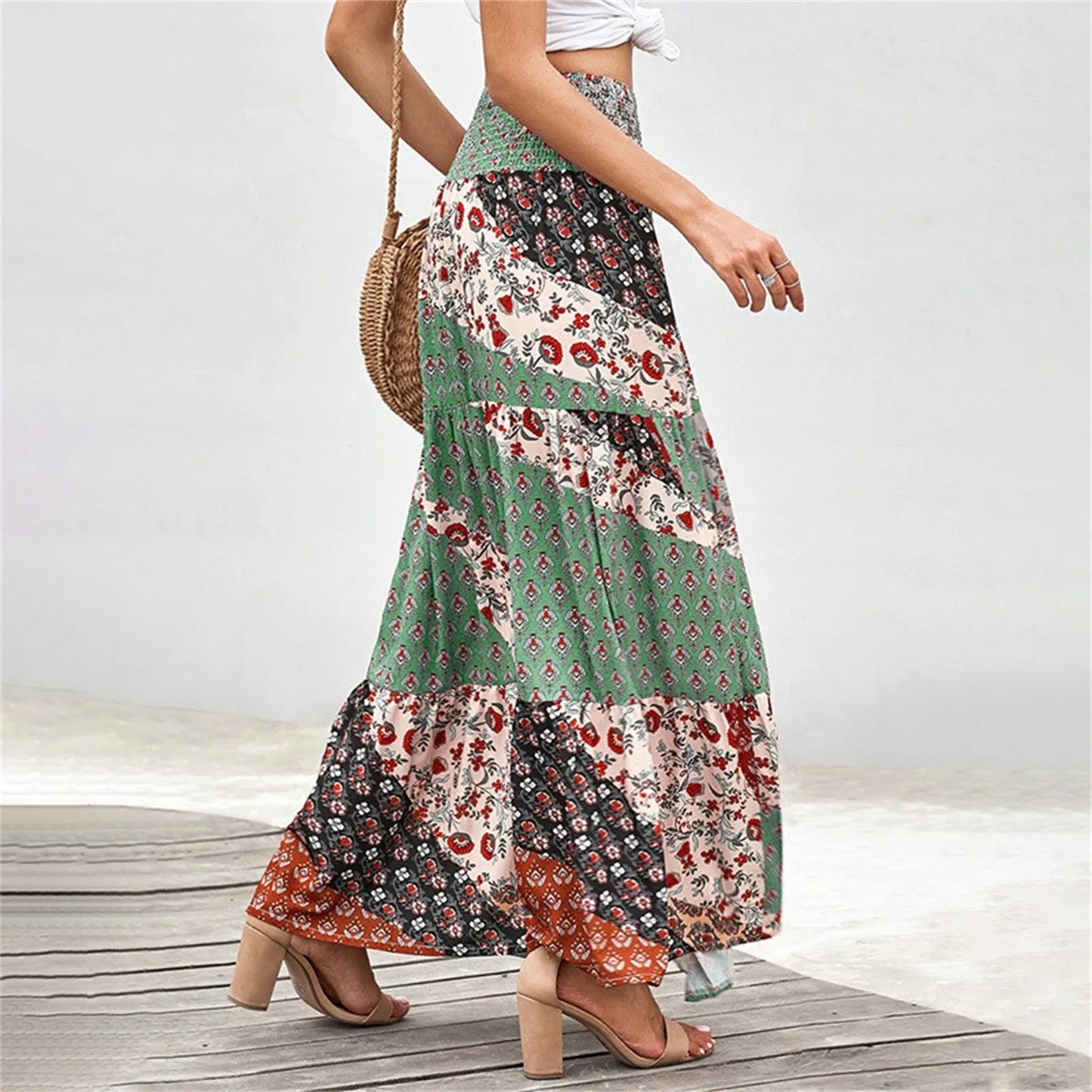 All-Match Skirt Loose Elastic Waist Floral Print Ethnic Style Boho Skirt Bohemian Vintage Skirt