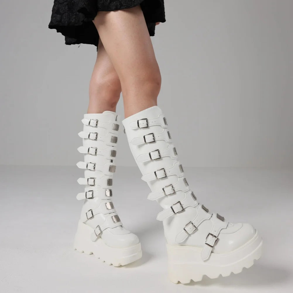 Goth Metal Buckle Combat Mid-Calf Boots For Women Round Toe Platform Chunky High Wedges
