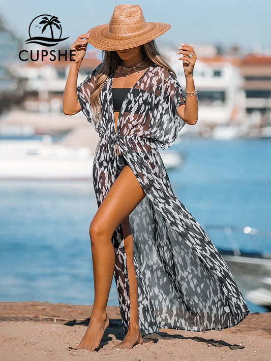 Leopard Print Maxi Length Kimono Bikini Cover Up For Women Short Sleeve Lace Up Long Summer Beachwear