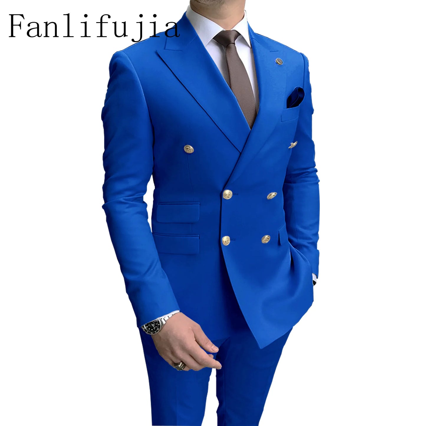 Men's Party Tuxedos 2 Pieces Latest Peak Lapel Men Suits Gold Buttons Fashion Style Suits Double Breasted