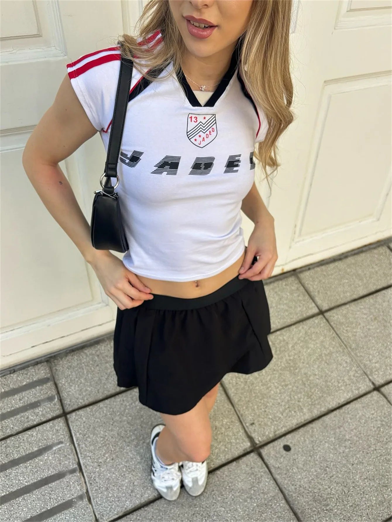 Woman Clothing Shorts Suit America Sports Style Fashion Slim Retro Summer Letter Print Short-sleeved Top