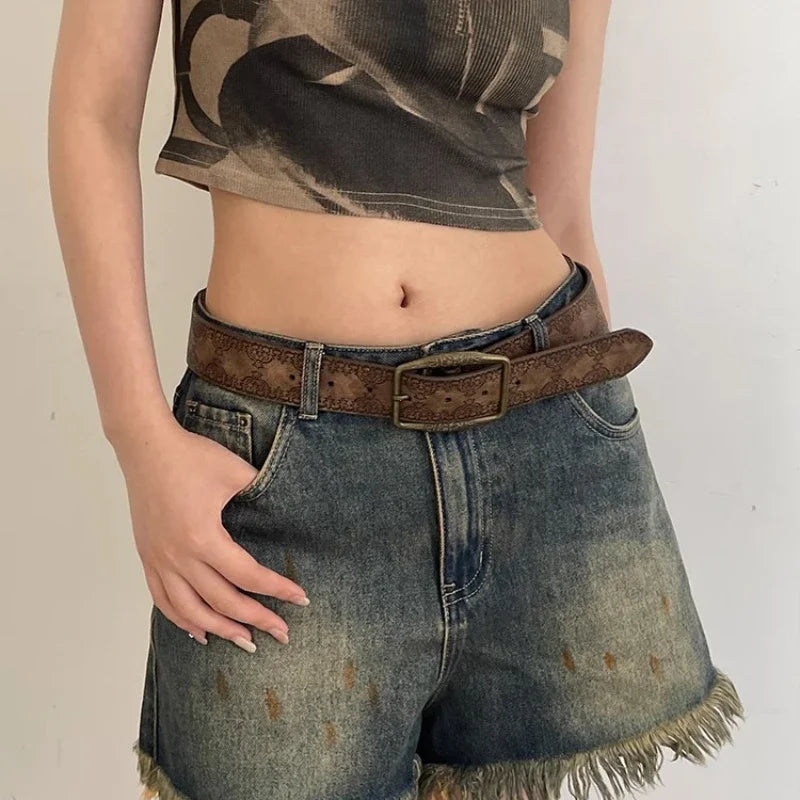 Pattern Print Retro Belts for Women Luxury Designer Brand Buckle Pin Waist Belt Female Pu Leather Fashion Waistband