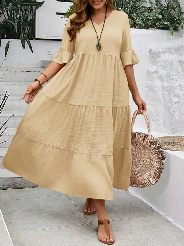 Spring and Summer  Large V-neck Splicing Multi color Multi plus size Long Style Large Swing Dress