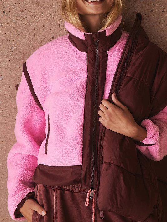 Quilted Puffer Jacket with Hood Long Sleeve Winter Warm Zip Up Coat Stand Collar Outdoor Parka Coat