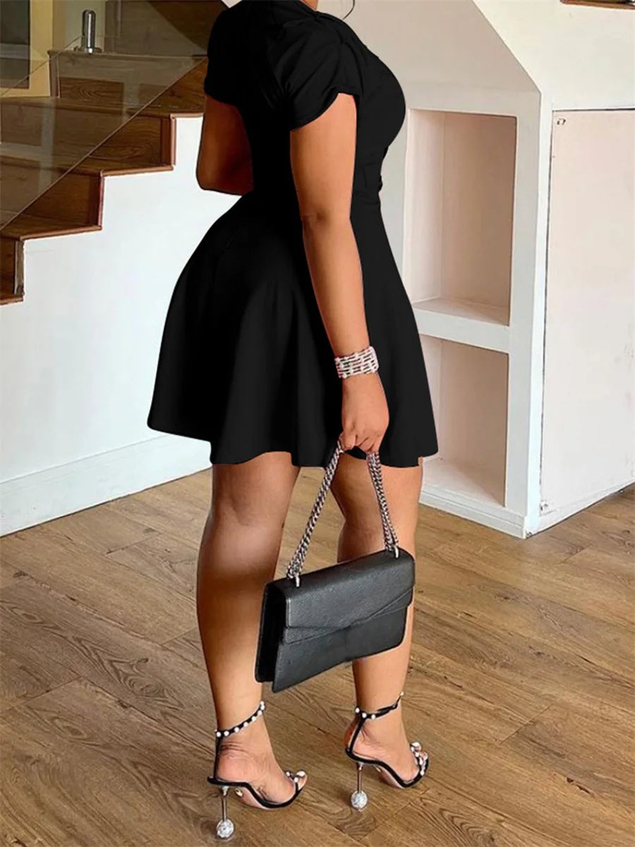 Women Plus Size Dress Ruffle Sleeve V-Neck Summer Casual A-line Dress with Belt Detail and Pockets