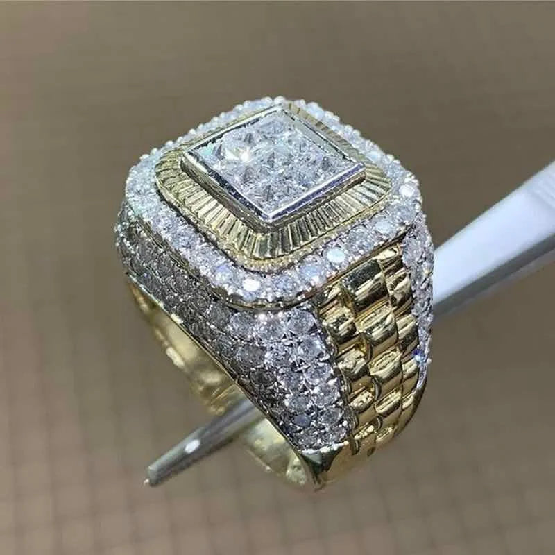 Domineering Gold Color Hip Hop Ring for Men Women Fashion Inlaid White Zircon Stones  Jewelry