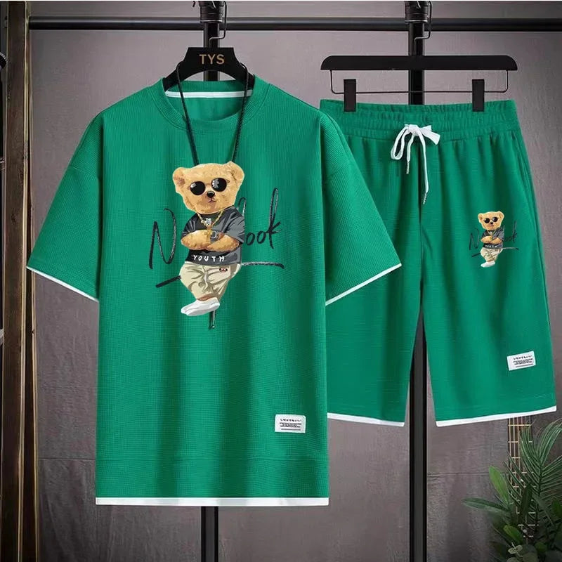 Fashionable Men's Sports Suit Summer Casual Short Sleeve O Neck T-shirt And Sports Shorts 3D Bear Printing 2-Piece Set