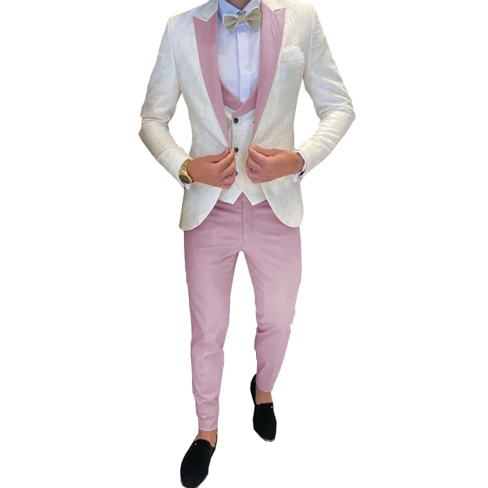 Ivory Men's Wedding Groom Suit 3 Piece Jacket Pants Vest Formal Tuxedo Elegant Men's Custom Suit  Bow tie not Included