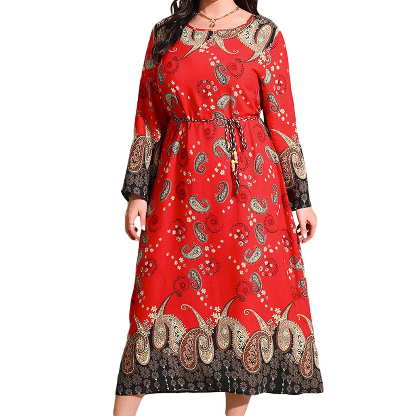 Vintage Floral Print Long Sleeve Maxi Dress O Neck