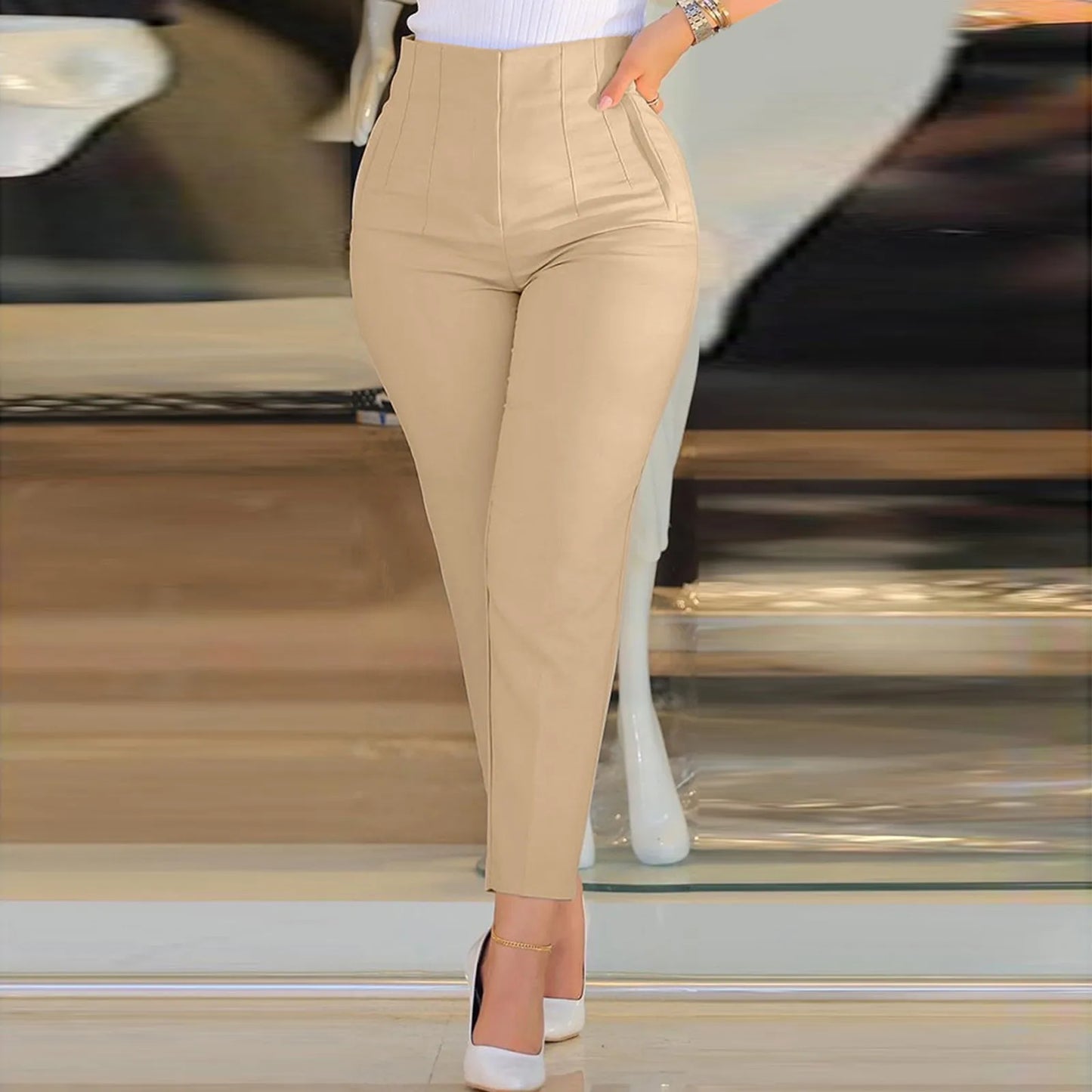 Slim Fit Women Formal Pants High Waist Cropped Trouser Workwear Solid Casual Pocket Elastic Waist Business Pant Womens