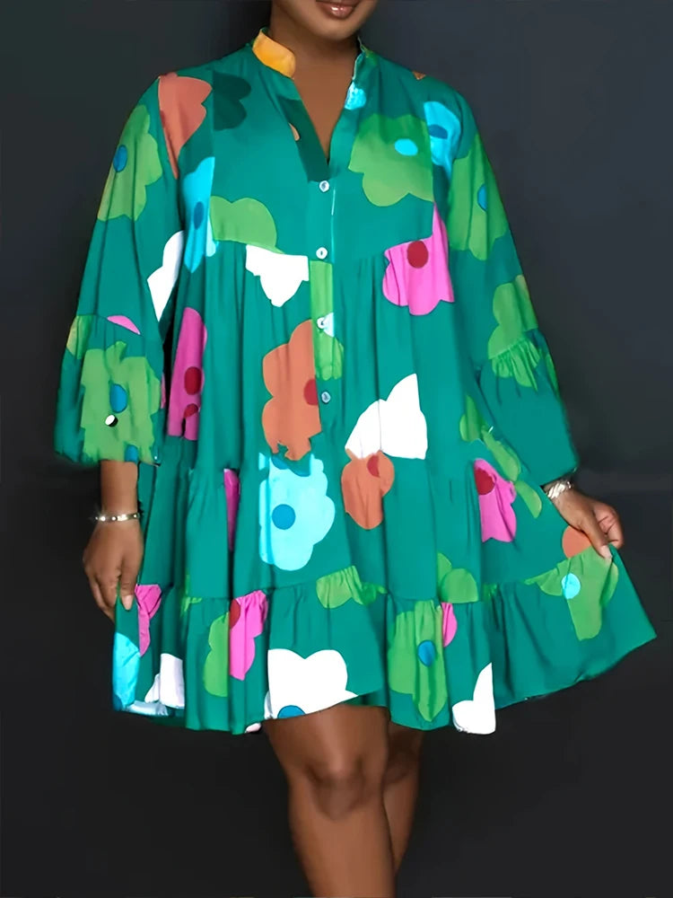Plus Size Floral Printed Women's Dresses Casual Loose Button Fashion Streetwear Polyester V-Neck Pleated Dresses