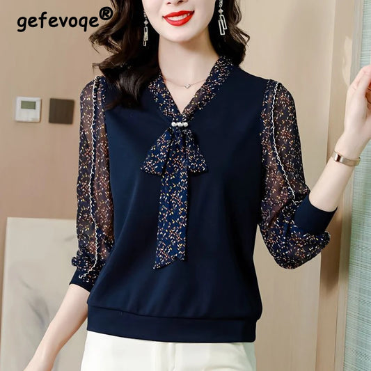 Bow Print Knitted Patchwork  Office  Chic Shirt V Neck Long Sleeve