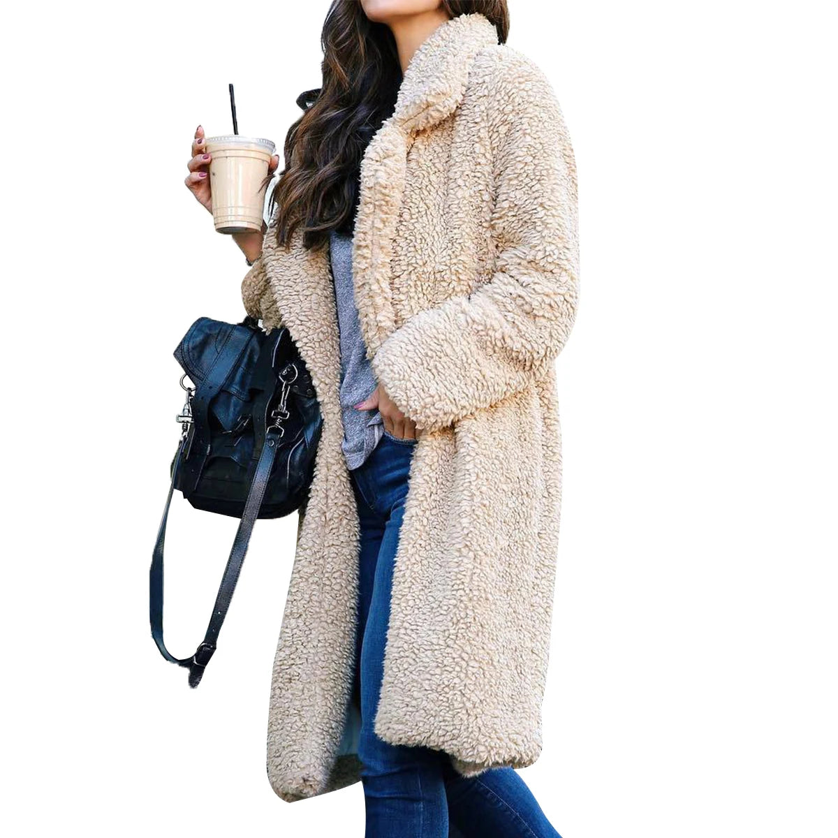 Stylish Solid Color Coat with Long Sleeves and Folded Collar Trendy Outerwear