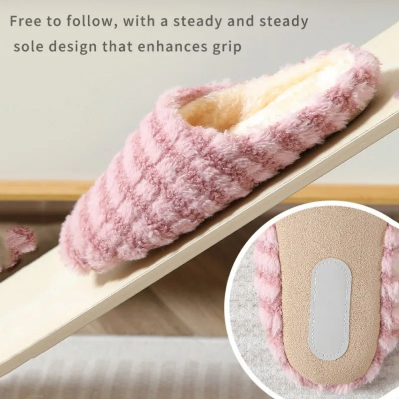 1 Pair Striped Silent Japanese Style Indoor Soft Bottom Anti Slip Cotton Slippers, Winter Insulation Durable Home Cotton Slipper