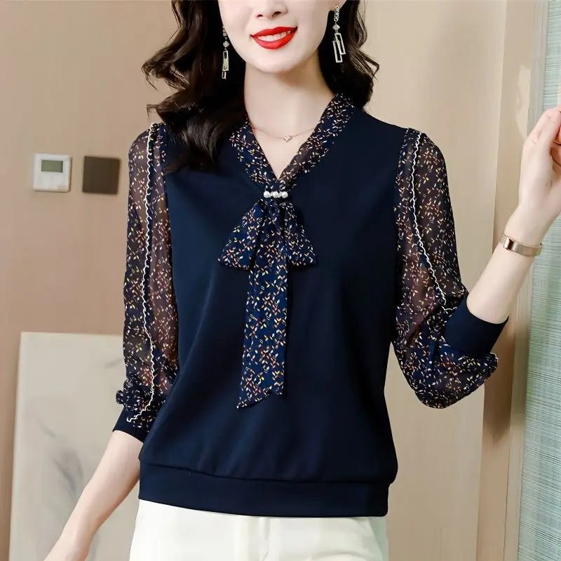 Bow Print Knitted Patchwork  Office  Chic Shirt V Neck Long Sleeve