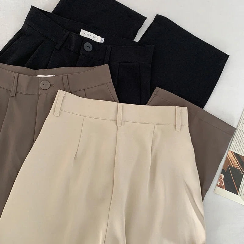 High Waist Women Suit Pants Fall Straight Office Fashion Trousers Casual Button Loose Female Pants