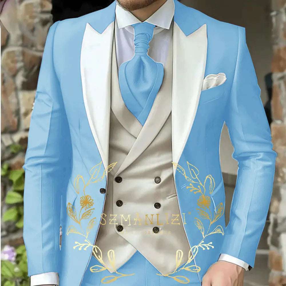 Classic Men's Suit 3 Piece Tuxedo Peaked Lapel Groomsmen Wedding Suits Set Fashion Men Business Blazer Pants Vest