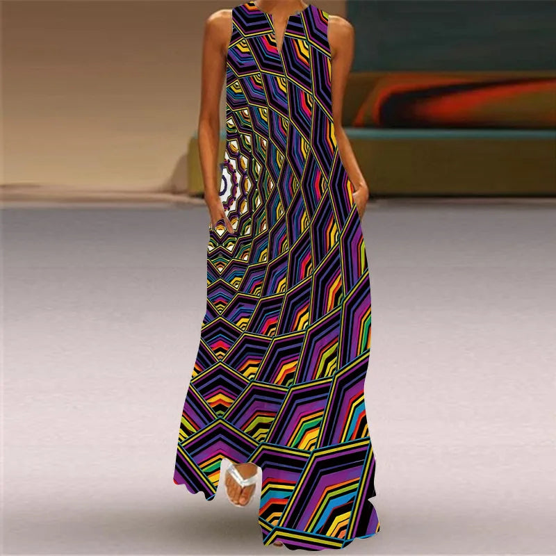 Vintage Print Maxi Dress For Women Summer Loose Sleeveless Long Dresses Elegant Lady V Neck Pocket Boho Beach Sundress Vestidos