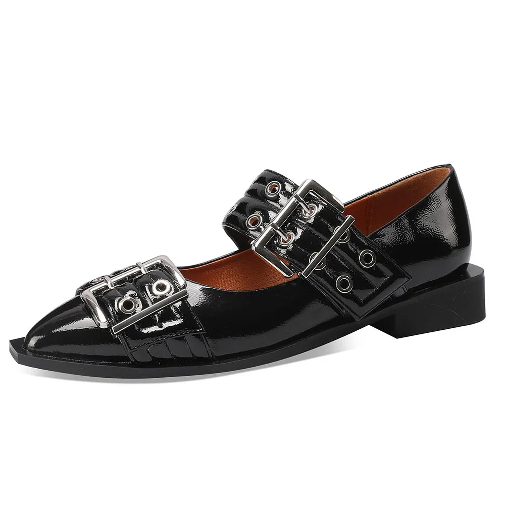 Flats Pointed Toe Buckle Strap Chunky Low Heel