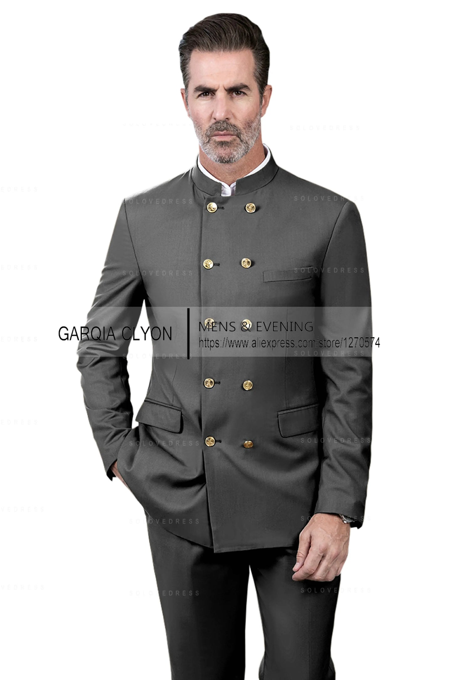 2 Piece Stand Collar Double-Breasted Chinese Style Men's Suits With 3 Real Pocket Wedding SuitsTailored Fit (Blazer+Pants)