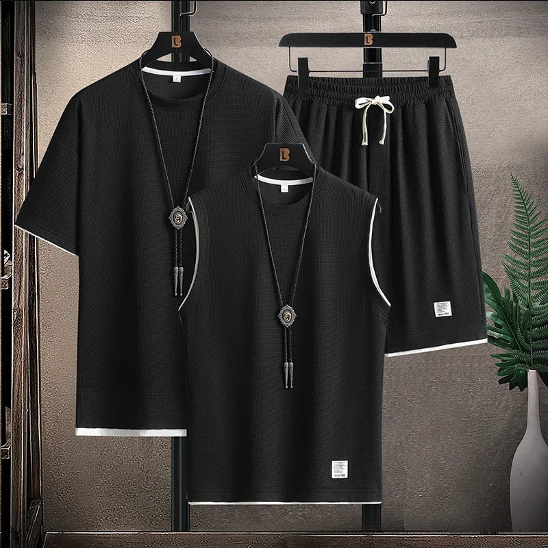 Waffle Pattern 3 Piece Men Short Sleeve Shorts Set  Fashion Loose Sweatsuits Summer Tracksuit Men Fashion Clothing