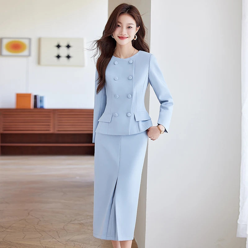 2 Piece Set Women's Double Breasted Blazer Elegant A Line Knee Length Slit Skirts OR Slacks Women's Work Wear
