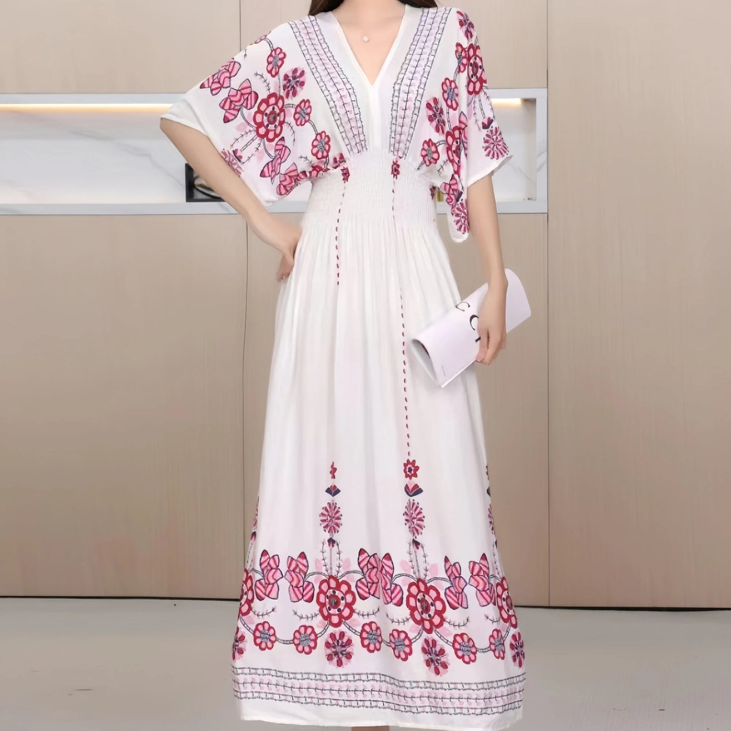 Colorful Flower V-neck Elastic Youthful Bohemian Sweet Midi Dress Woman Clothes Chic Fashion Summer Dresses