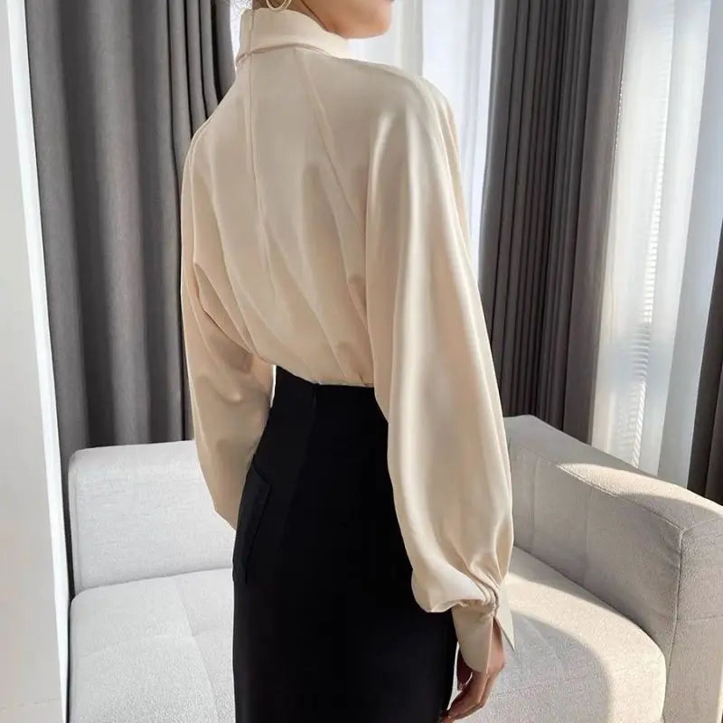 Hollow Ruffled Elegant Blouse  Stand Collar Business Casual Long Sleeve