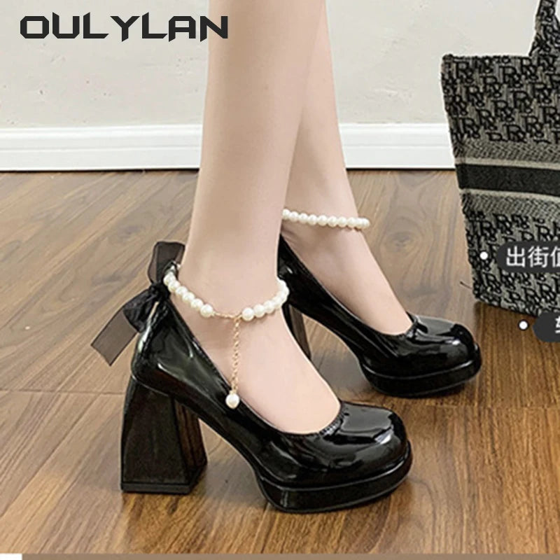 Lace Bow and pearl accent High Heels  Square Toe  Pumps Thick Heel