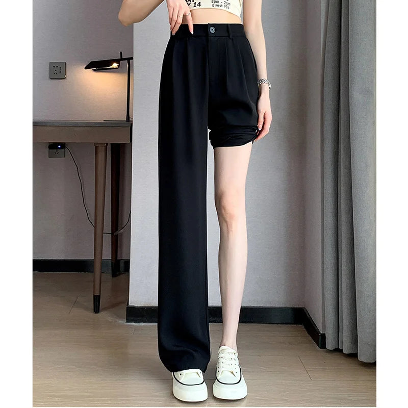 Women Full Length Pants Baggy High Waist Wide Leg Solid Color Trousers Lady Straight Leg  Classic Office  Slacks