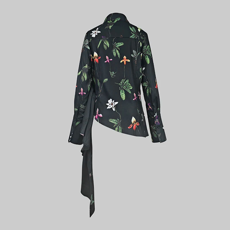 Women‘s Elegant Shirts & Blouses Spring Autumn Long Sleeve Flower Print Asymmetric Office Daily Top Woman Clothing
