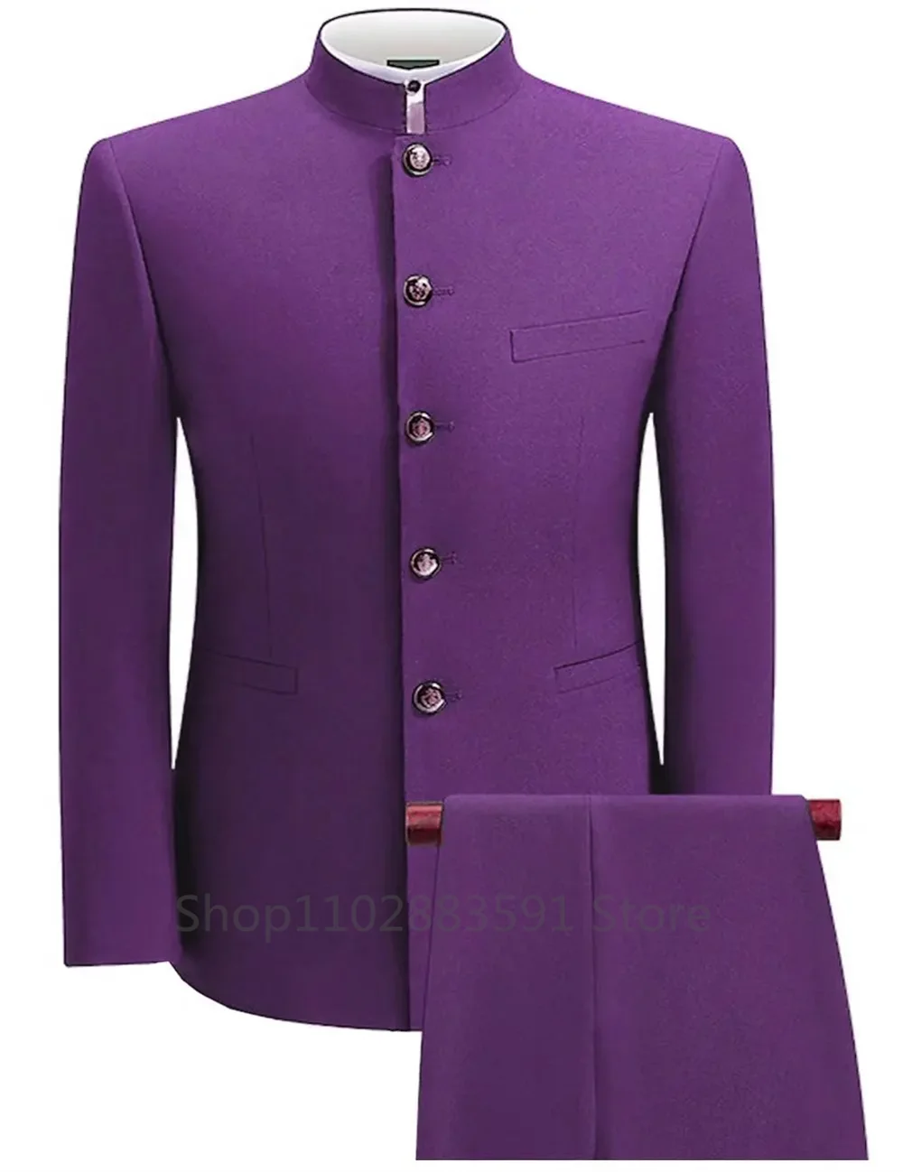 Formal Men's Business 2 Pieces Blazer + Pants Stand Lapel Men's Jacket Flat Suit Slim Fit Coat Groomsmen Party
