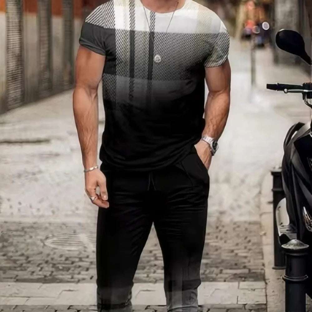 Summer men's T-shirt and pants sports suit abstract gradient 3D printed T-shirt and pants set 2-piece street wear oversized suit