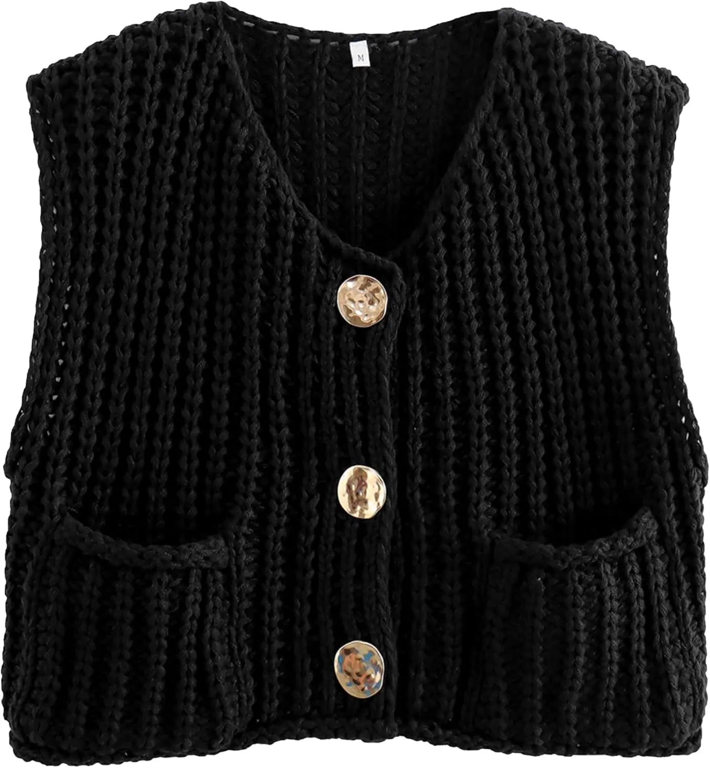 Crochet Chunky Knit Top Sleeveless Button Down Crop Tops Trendy Cardigan Sweater Vest for Women with Pockets