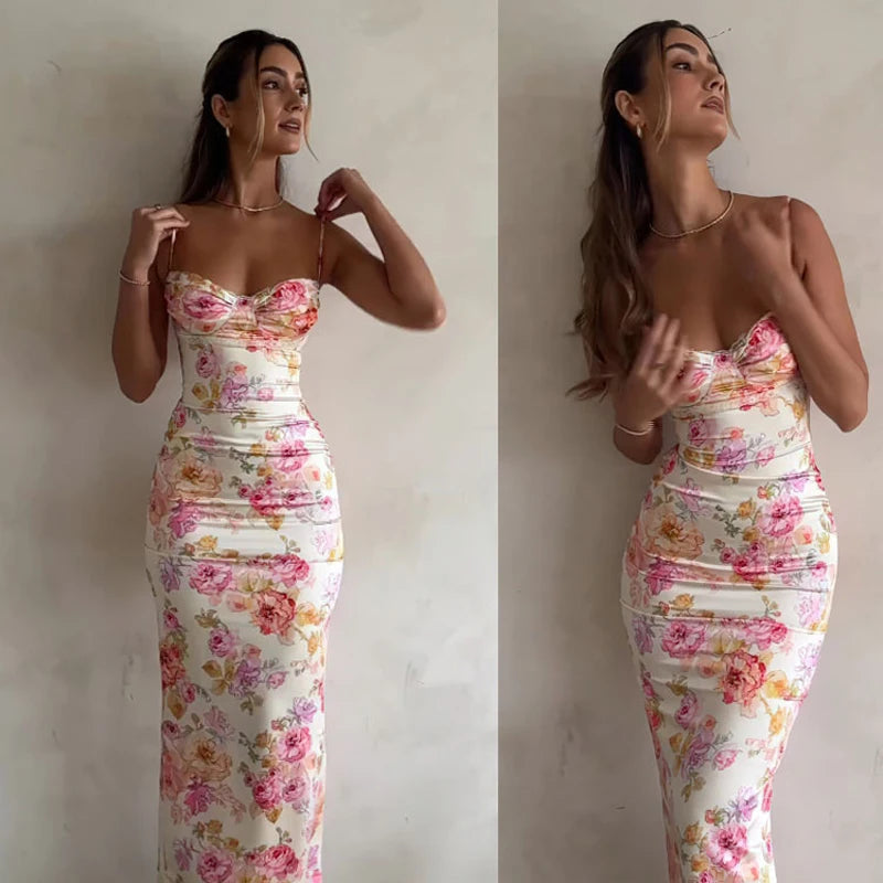 Floral Suspender Split Slim Sleeveless  Beach Style Spaghetti Strap Dress Women Clothes Mini Dress