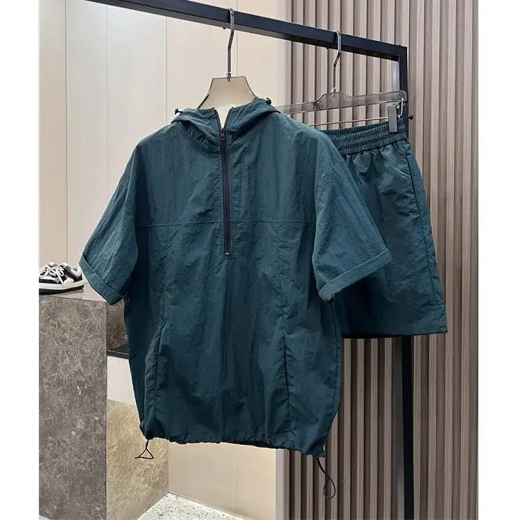 Summer Cargo Hooded Tracksuit Short Sleeve T-shirt Zipped and Shorts Outfits Quick Drying Solid Casual Outdoor Sport Clothes Set