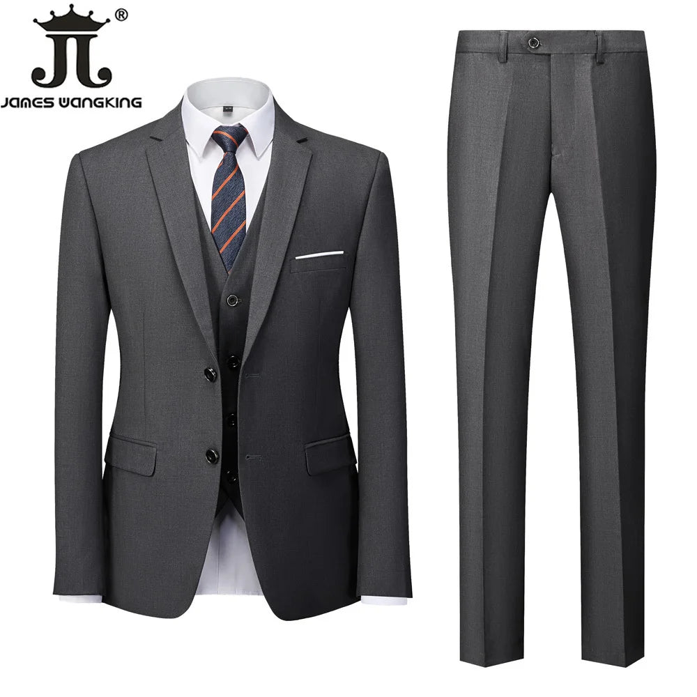 Jacket + Vest + Pants  Boutique Solid Color Men's Official Business Suit Bride's Wedding Dress Party Male Suit