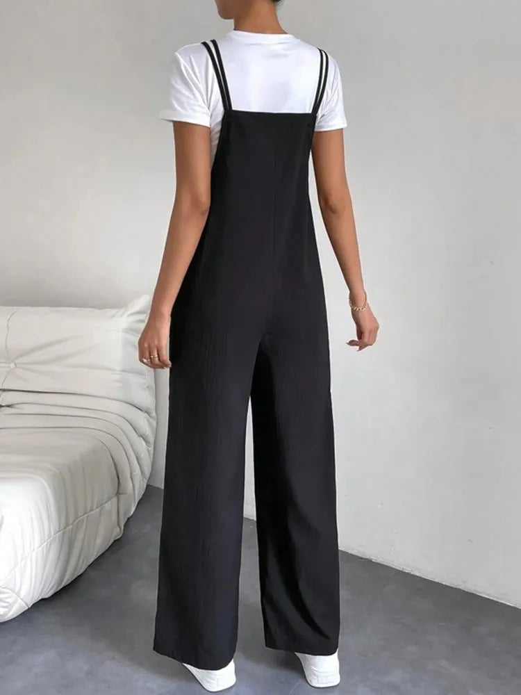 Fashion Casual Women's Solid Black Color Pants Pocket Double Shoulder Thin Straps Straight Overalls Wide-leg Long Pants