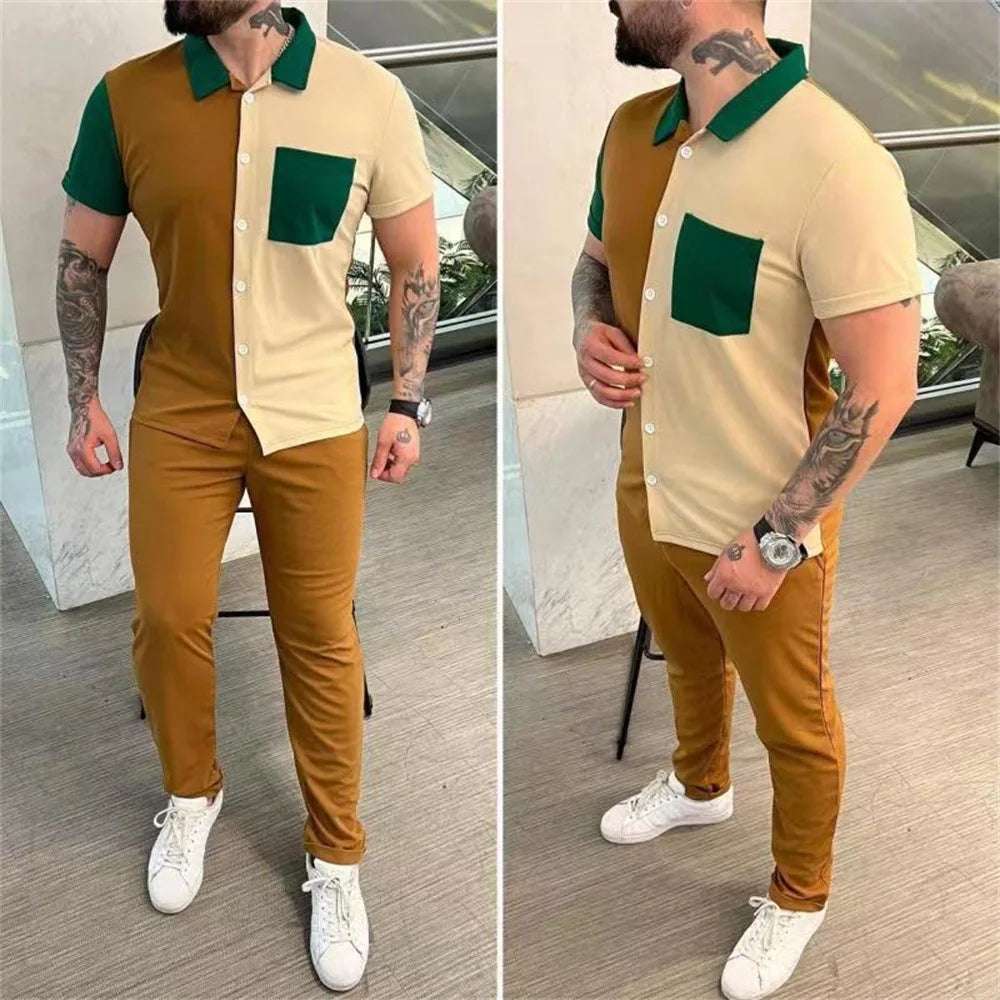 Summer Men Short-sleeved Suit fashion Color-blocked Sportswear Short-sleeved Shirt trousers Two-piece Mensuit S-XXXL