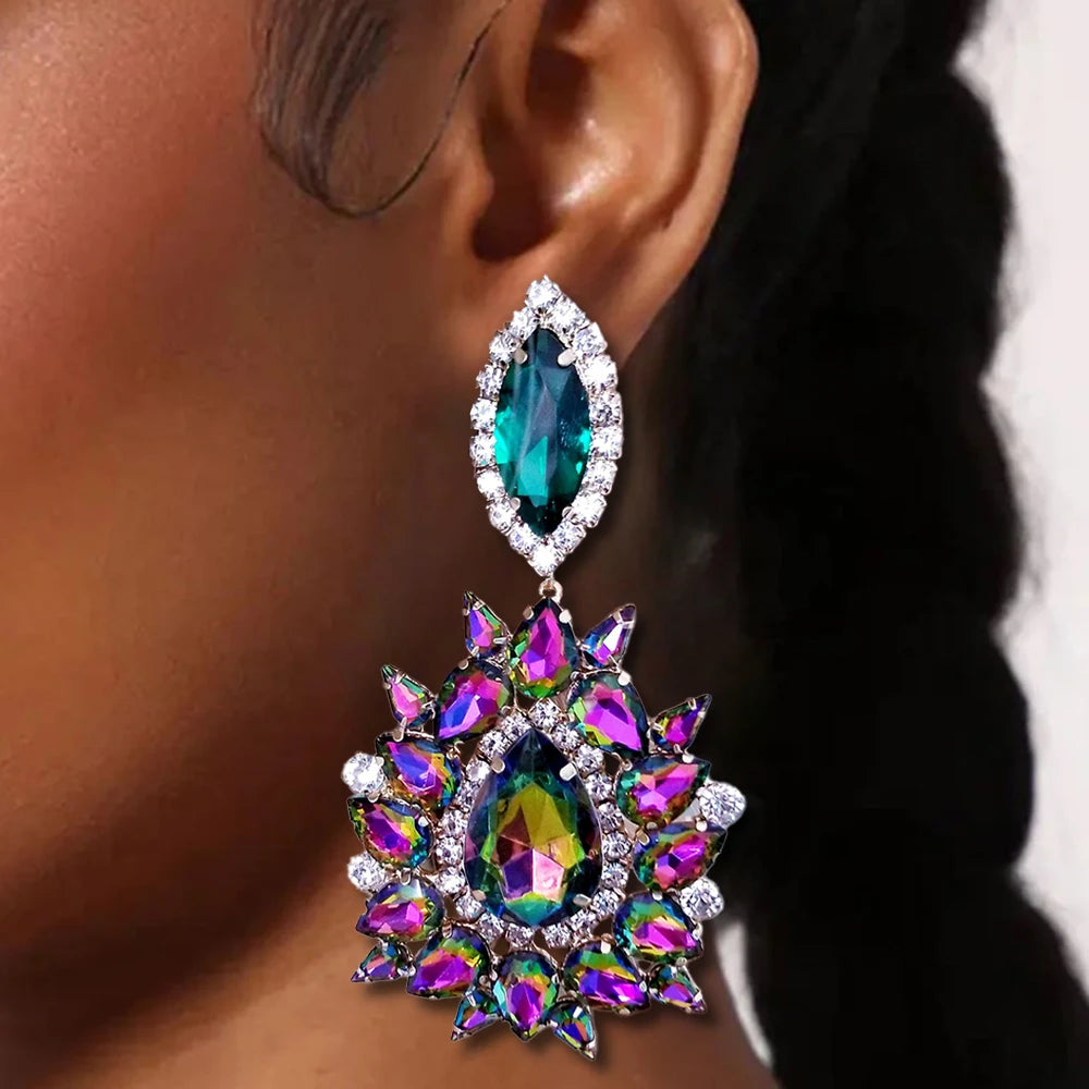 Exaggerate Geometric Dangle Earrings Water Drop Accessories Fashion Colorful Rhinestone Earrings