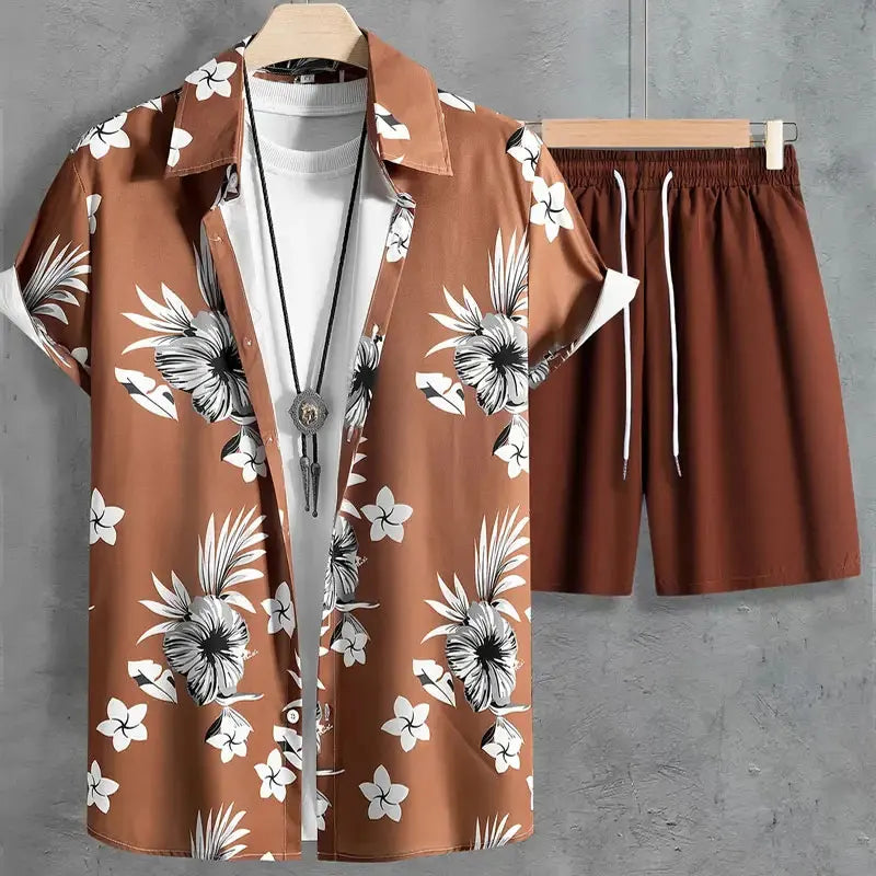 Fun 3D Flower Pattern Men's Hawaiian Shirt Sets Summer Short Sleeve Tops Beach Shorts 2 Piece Casual Vacation Outfit Clothing
