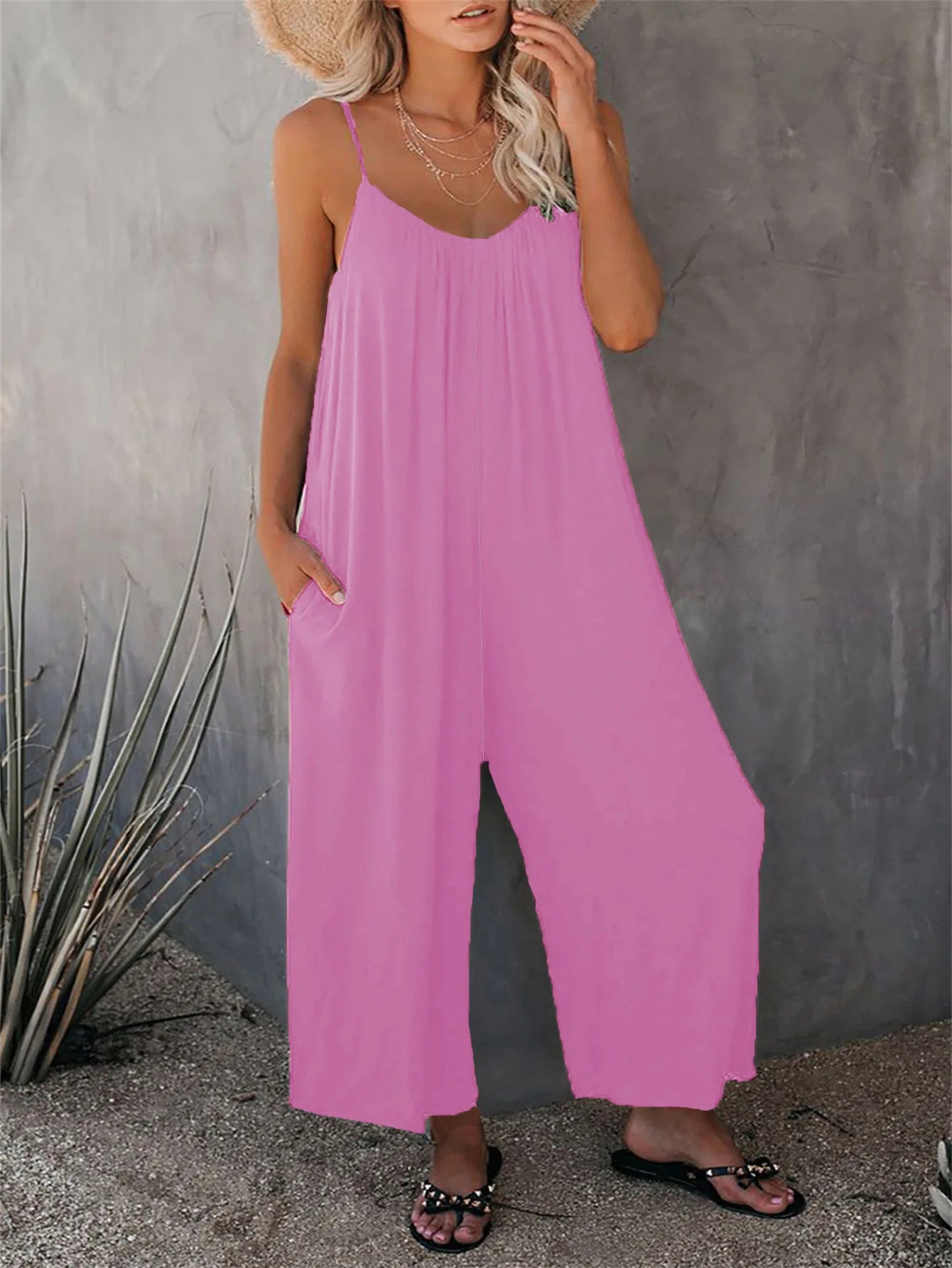 European and American Suspender  Women's Summer Foreign Trade Solid Color Pocket Casual Jumpsuit