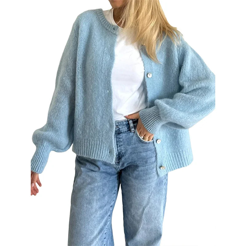 Sweaters Women Solid Color Round Neck Single Breasted Long Sleeve Cardigan Tops Warm Knitwear Streetwear