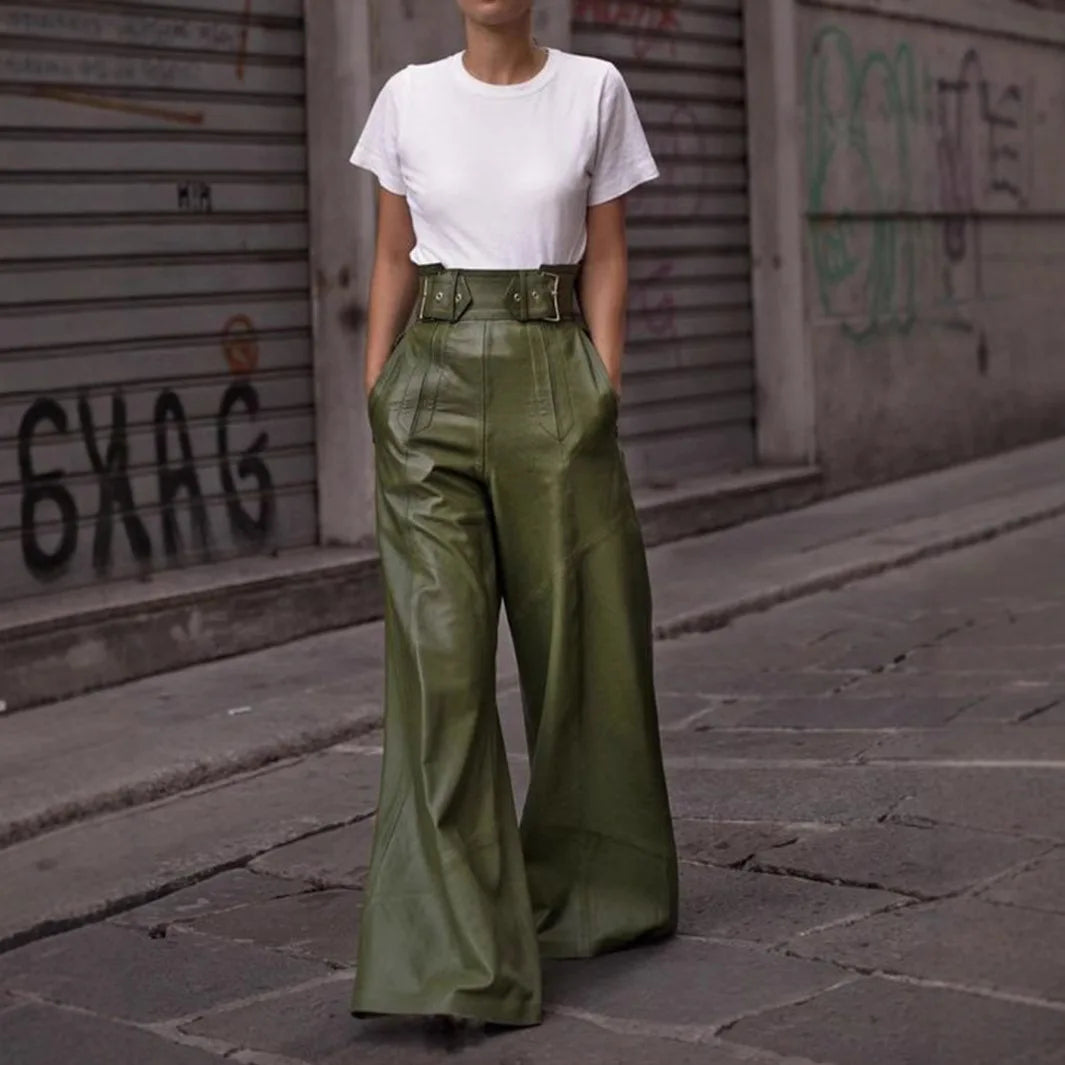 Casual Loose Leather Pants High Waist Wide Legs Solid Pocket Flare Pants