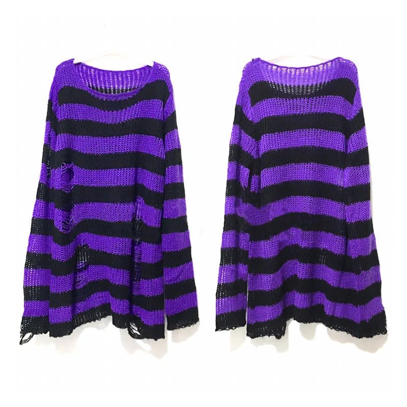 Punk Gothic Long Unisex Sweater Summer Women Striped Cool Hollow Out Hole Broken Jumper Loose Rock Thin Dark Streetwear Top