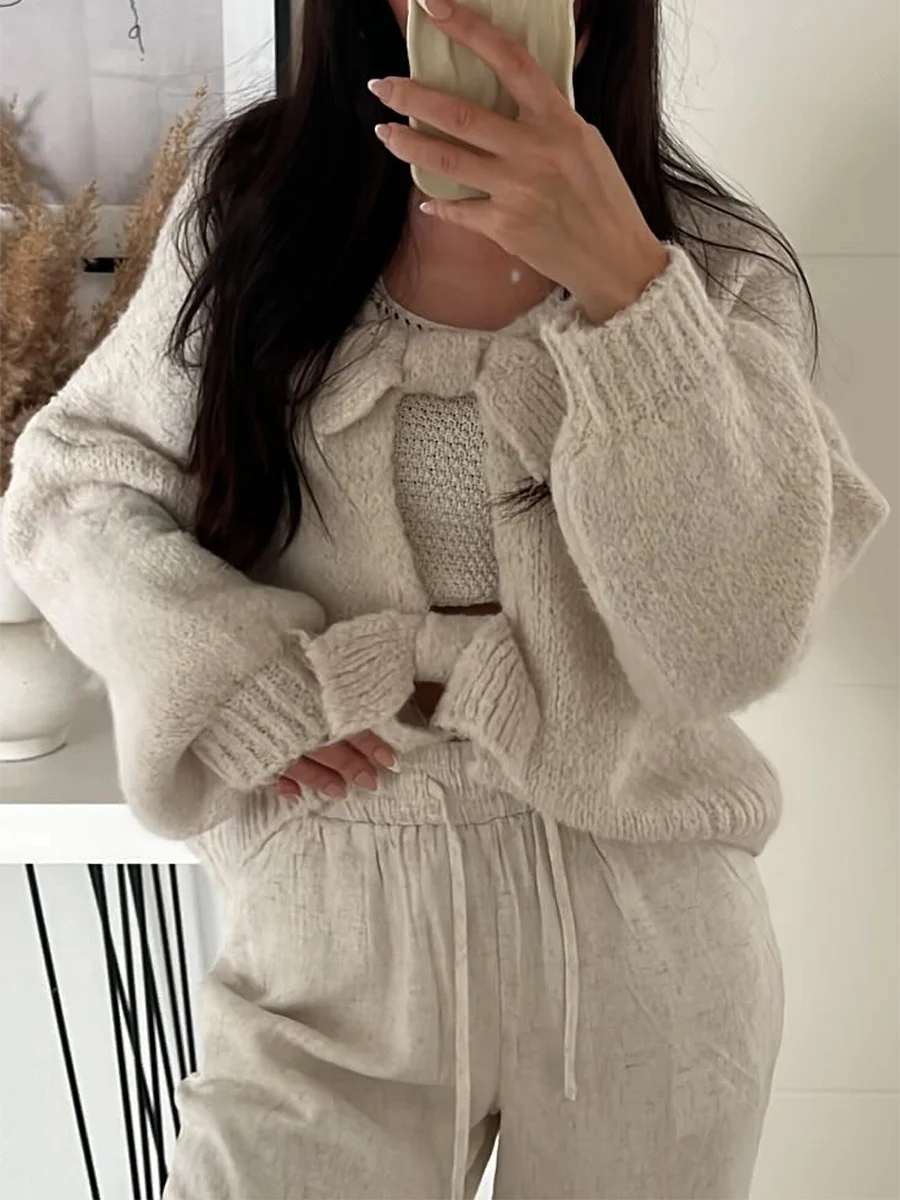 Sweater Knitted Cardigan Elegant Long Lantern Sleeve Front Tie-up Sweaters Tops