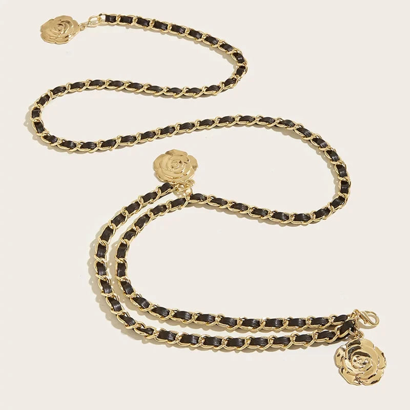 High Quality Metal Waist Chain Belts For Women Round Flower Pendant Chain Strap Rope Female Fine Waistband