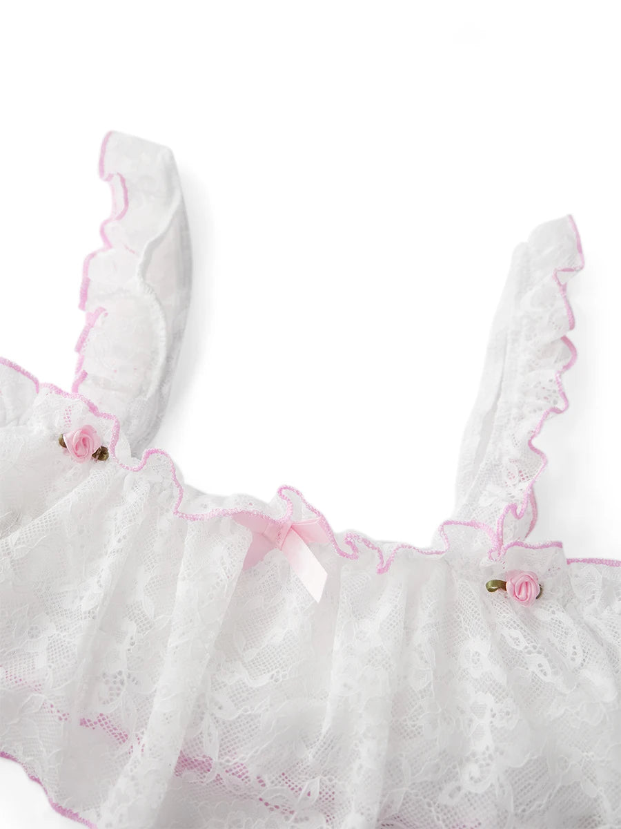 Lace Lingerie Set with Bow Detail and Panties Sheer Nightgown with Colorful Trim and Frilly Bra