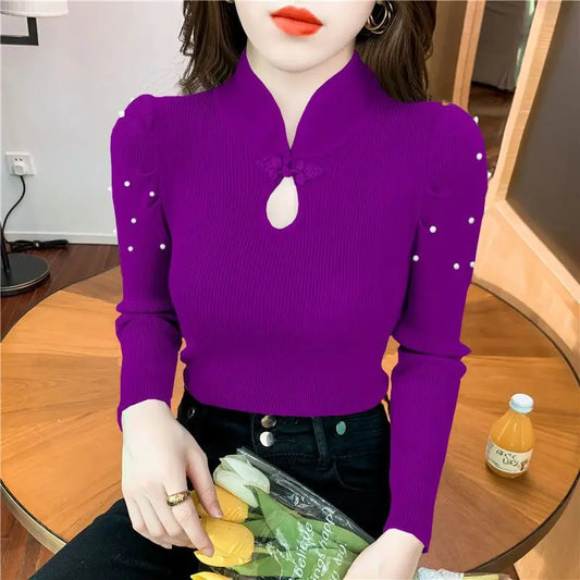 Button Beading Hollow Out Puff Sleeve Shirts