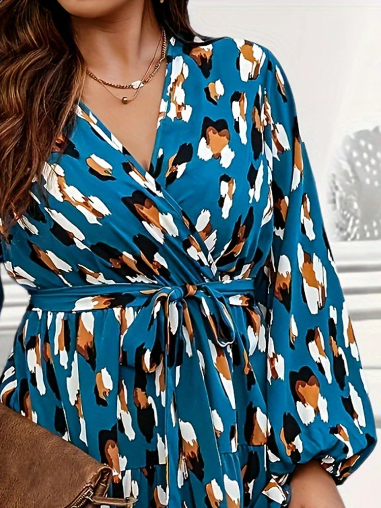 V-neck Long Sleeved  with Fashionable Printed Lantern Sleeves and Pleated Lace Up Casual Dress